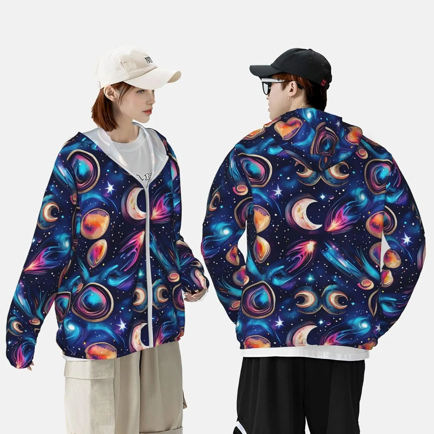 Lightweight UV Protection Sun Jacket, Cosmic Celestial Pattern Print Sportswear Hooded Sunblock Shirt for Outdoor