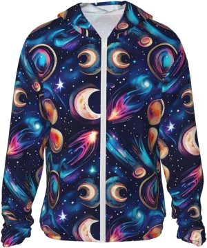 Lightweight UV Protection Sun Jacket, Cosmic Celestial Pattern Print Sportswear Hooded Sunblock Shirt for Outdoor