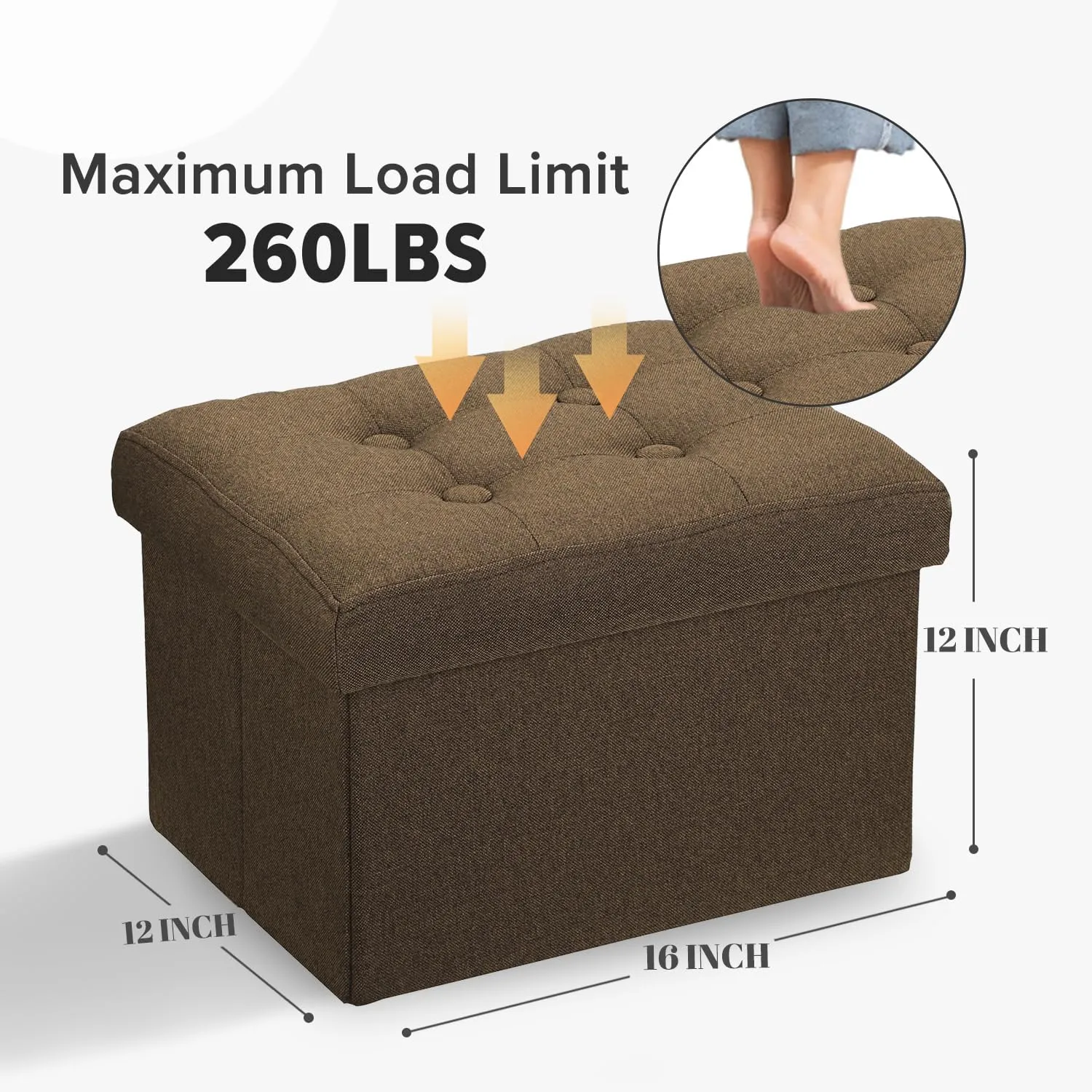 LINMAGCO Small Storage Ottoman Stool Foot Rest Under Desk Stool Short Folding Ottoman Linen Cloth Brown 16X12X12IN