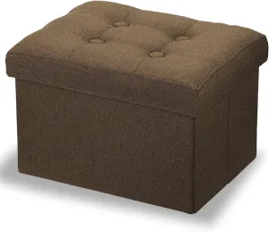 LINMAGCO Small Storage Ottoman Stool Foot Rest Under Desk Stool Short Folding Ottoman Linen Cloth Brown 16X12X12IN