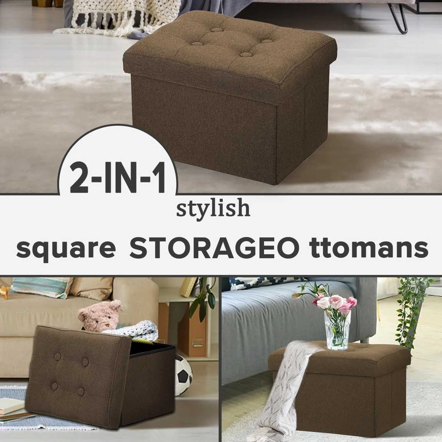 LINMAGCO Small Storage Ottoman Stool Foot Rest Under Desk Stool Short Folding Ottoman Linen Cloth Brown 16X12X12IN