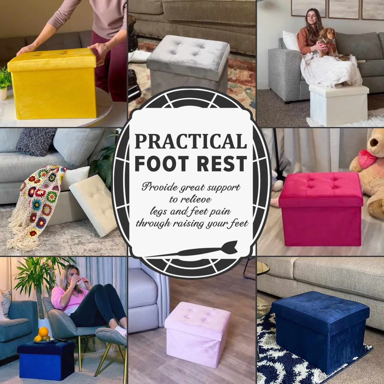 LINMAGCO Storage Ottoman Folding Foot Stool Velvet Foot Rest with Padded Modern Ottoman with Storage for Living Room Puppy Step Stool 17x13x13in(Purple)