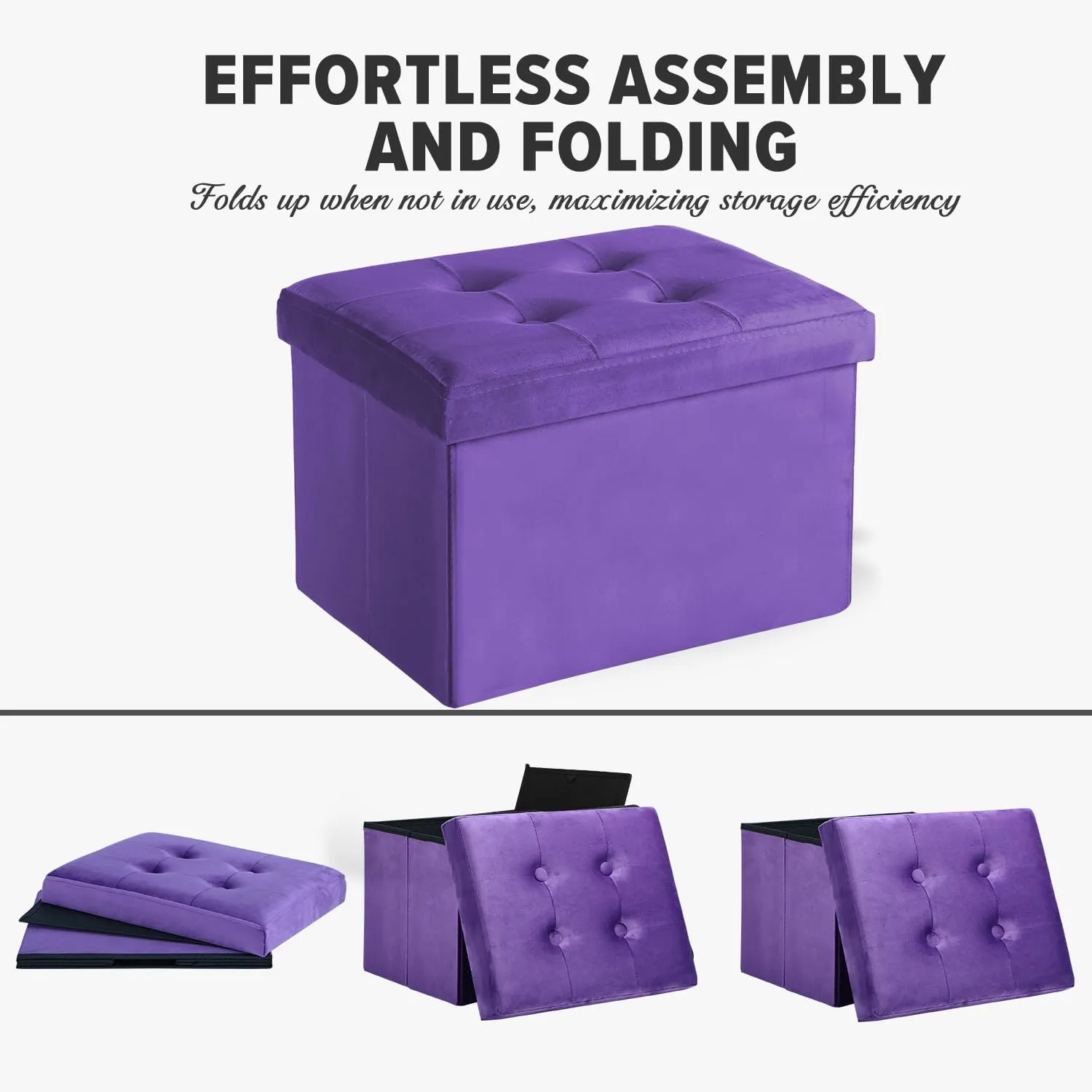 LINMAGCO Storage Ottoman Folding Foot Stool Velvet Foot Rest with Padded Modern Ottoman with Storage for Living Room Puppy Step Stool 17x13x13in(Purple)