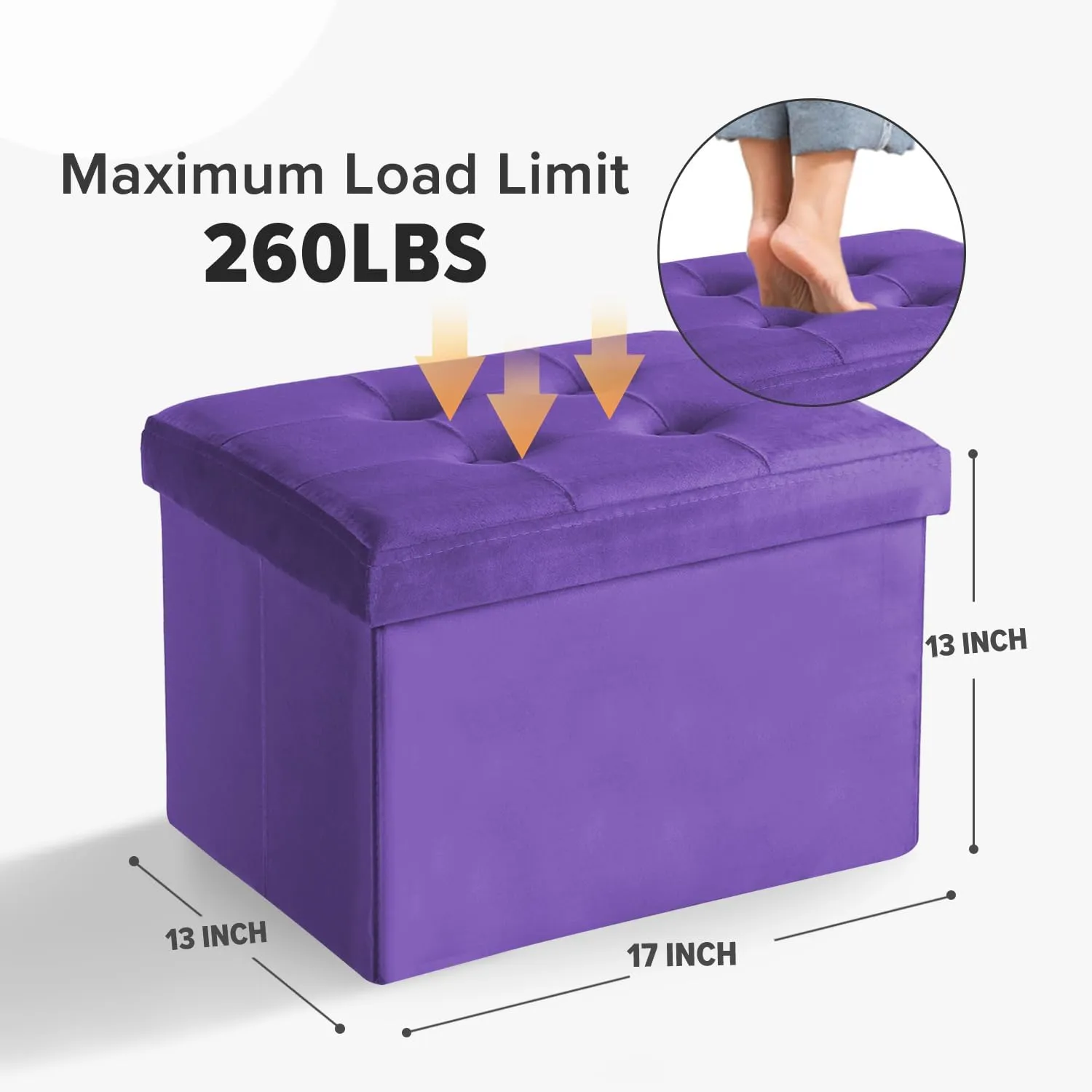 LINMAGCO Storage Ottoman Folding Foot Stool Velvet Foot Rest with Padded Modern Ottoman with Storage for Living Room Puppy Step Stool 17x13x13in(Purple)
