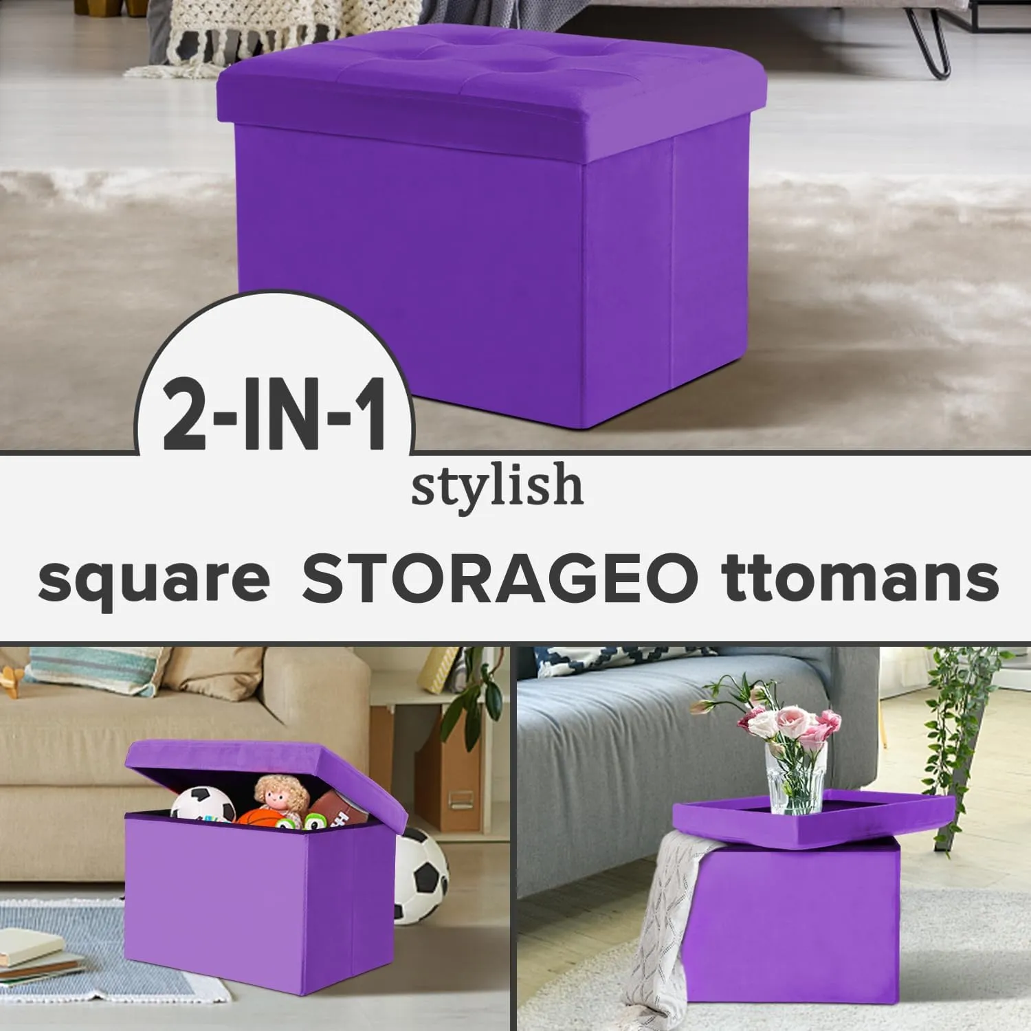 LINMAGCO Storage Ottoman Folding Foot Stool Velvet Foot Rest with Padded Modern Ottoman with Storage for Living Room Puppy Step Stool 17x13x13in(Purple)