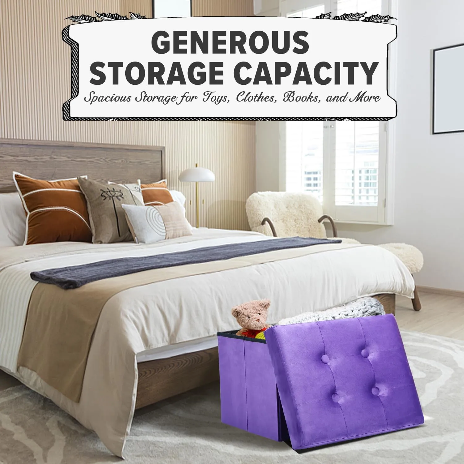 LINMAGCO Storage Ottoman Folding Foot Stool Velvet Foot Rest with Padded Modern Ottoman with Storage for Living Room Puppy Step Stool 17x13x13in(Purple)