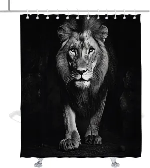 Lion Animal Shower Curtain Black Masculine Print Shower Curtains Black African Jungle Lions Bathroom Decor Accessory with Hooks 72" W × 84" H