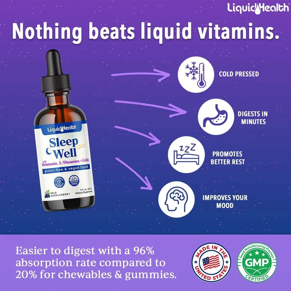 LIQUIDHEALTH Sleep Well Natural Sleep Aid Melatonin Drops - Better Sleep & Mood, Relax & Calm Mind, Fall Asleep Faster Stay Asleep Longer - Made in USA, Vegan, Sugar Free, Drug Free, Non-GMO (3 Pack)