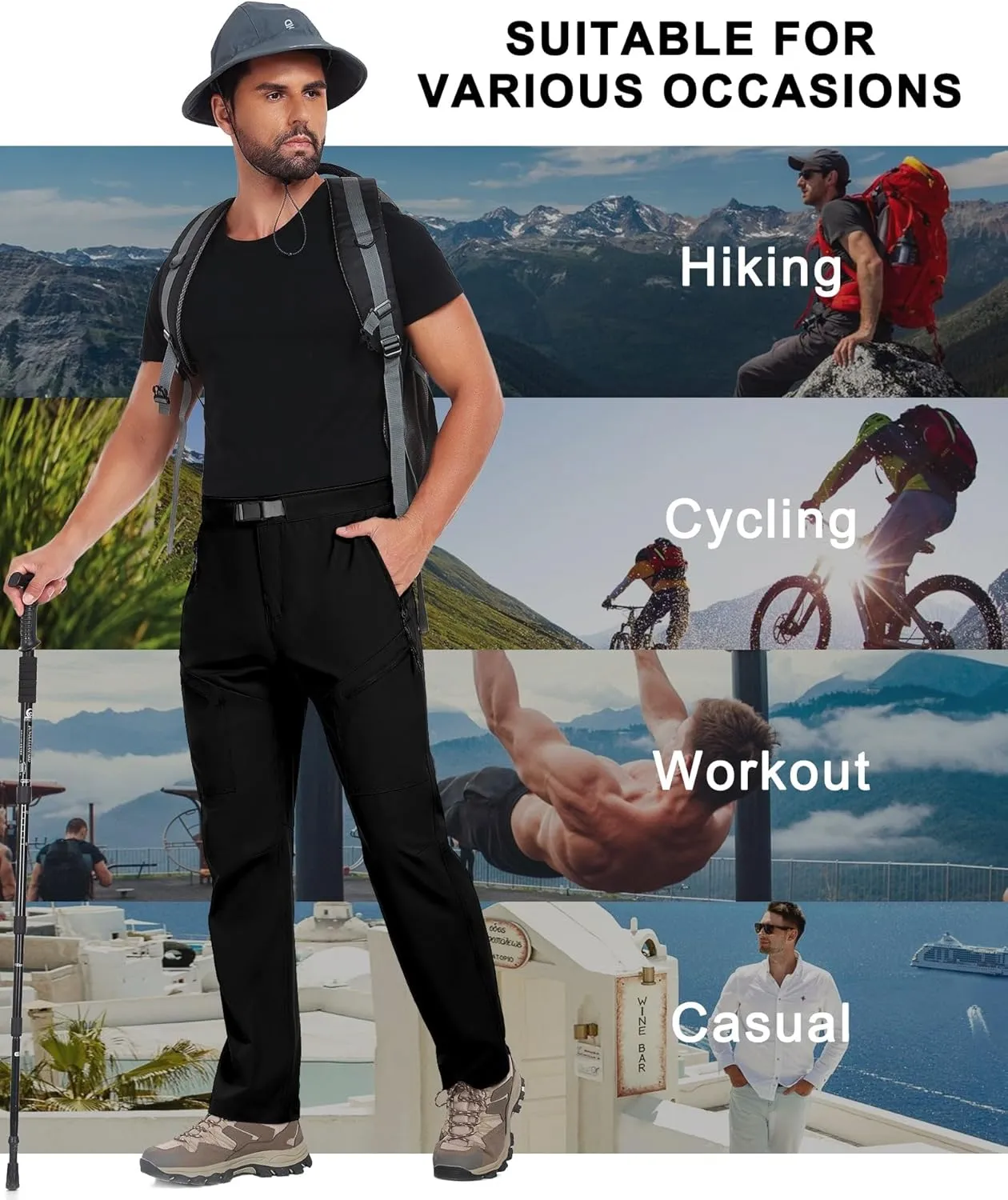 Little Donkey Andy Men's Lightweight Fishing Pants with Belt 5 Zip Pockets Waterproof Quick-Dry Travel Hiking Outdoor Pants