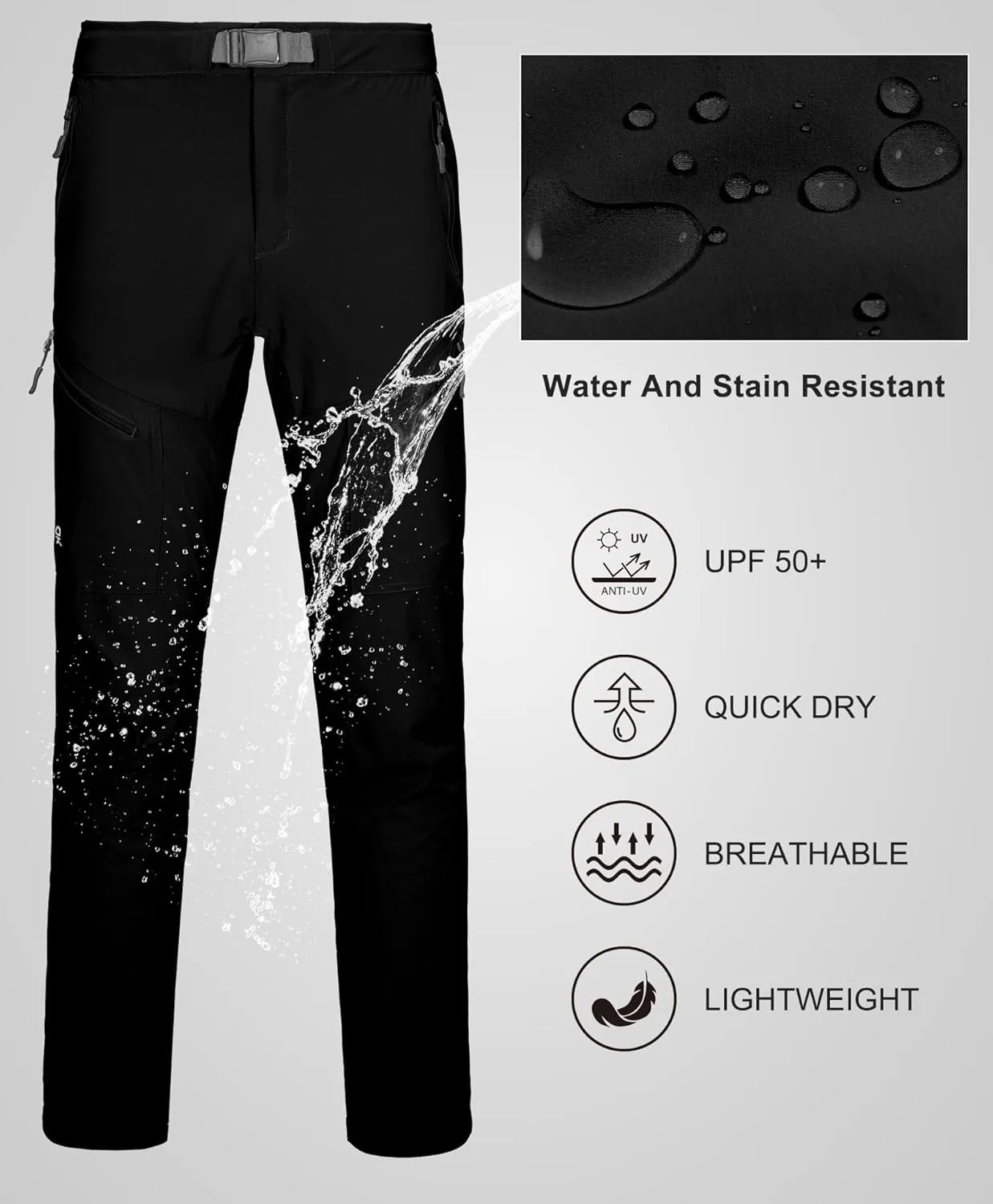 Little Donkey Andy Men's Lightweight Fishing Pants with Belt 5 Zip Pockets Waterproof Quick-Dry Travel Hiking Outdoor Pants