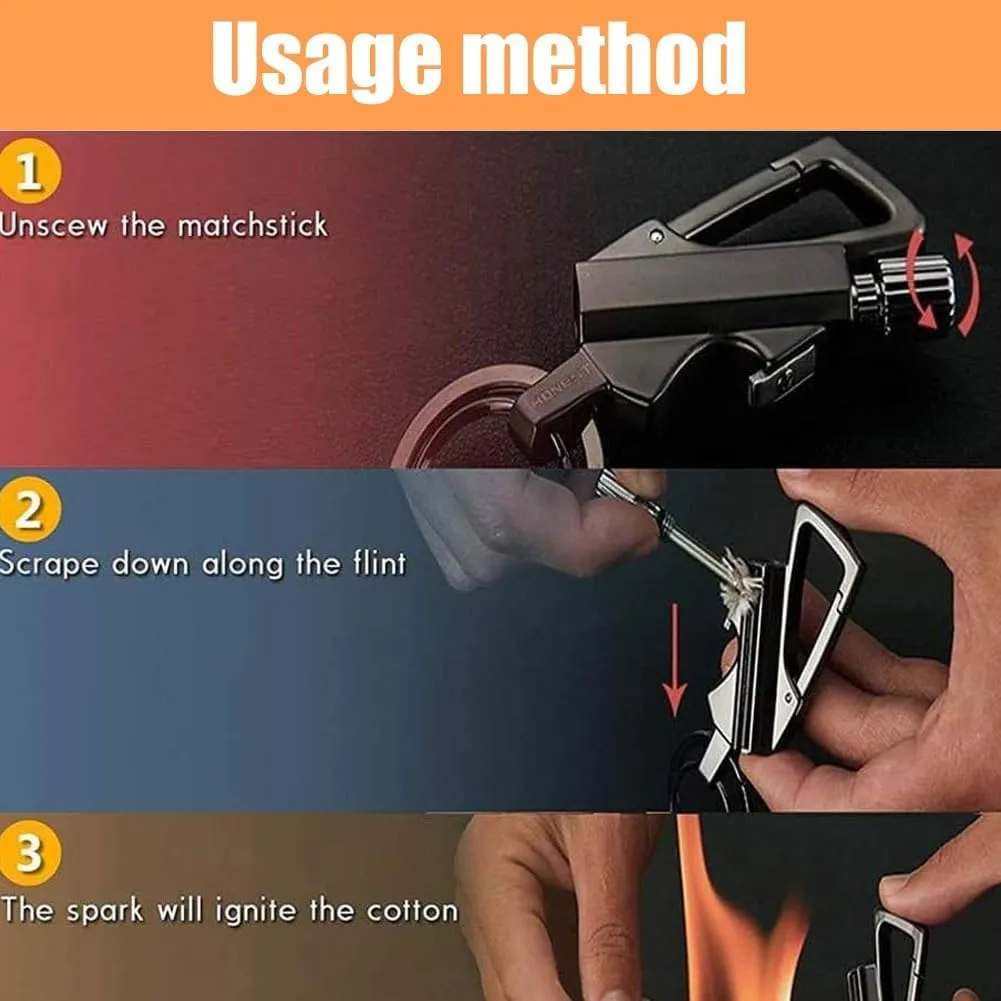 Llavero Encendedor De Acero, Keychain Lighter Match Strike, Mini Multi Functional Hiking Safety Tool Collapsible, Waterproof Key Chain Lighter Match, Reusable Lighters Stick for Outdoor(Black Gold)