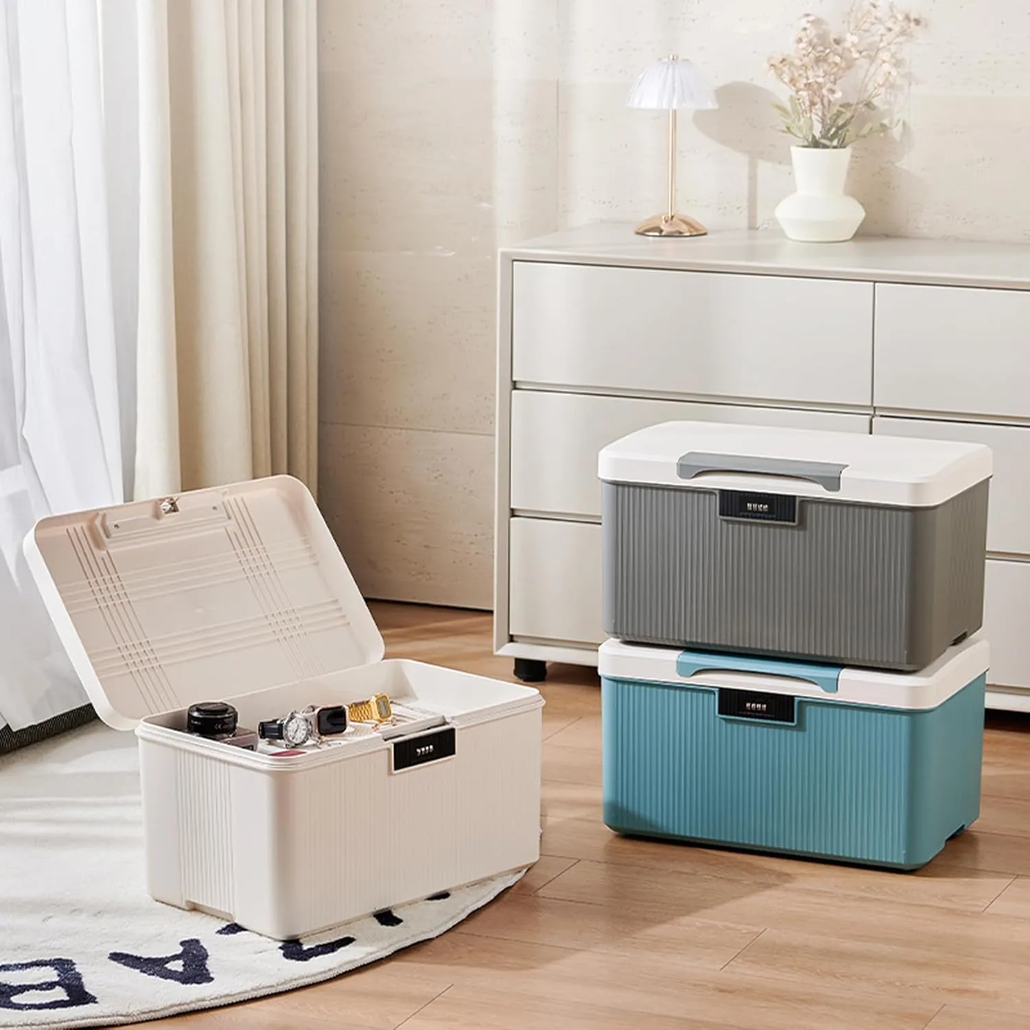 Lockable Storage Bin Outdoor Lock Box Plastic Storage Container Versatile Organizer with Changeable Lock for Home Office School Travel Business (White, 16 Liters)