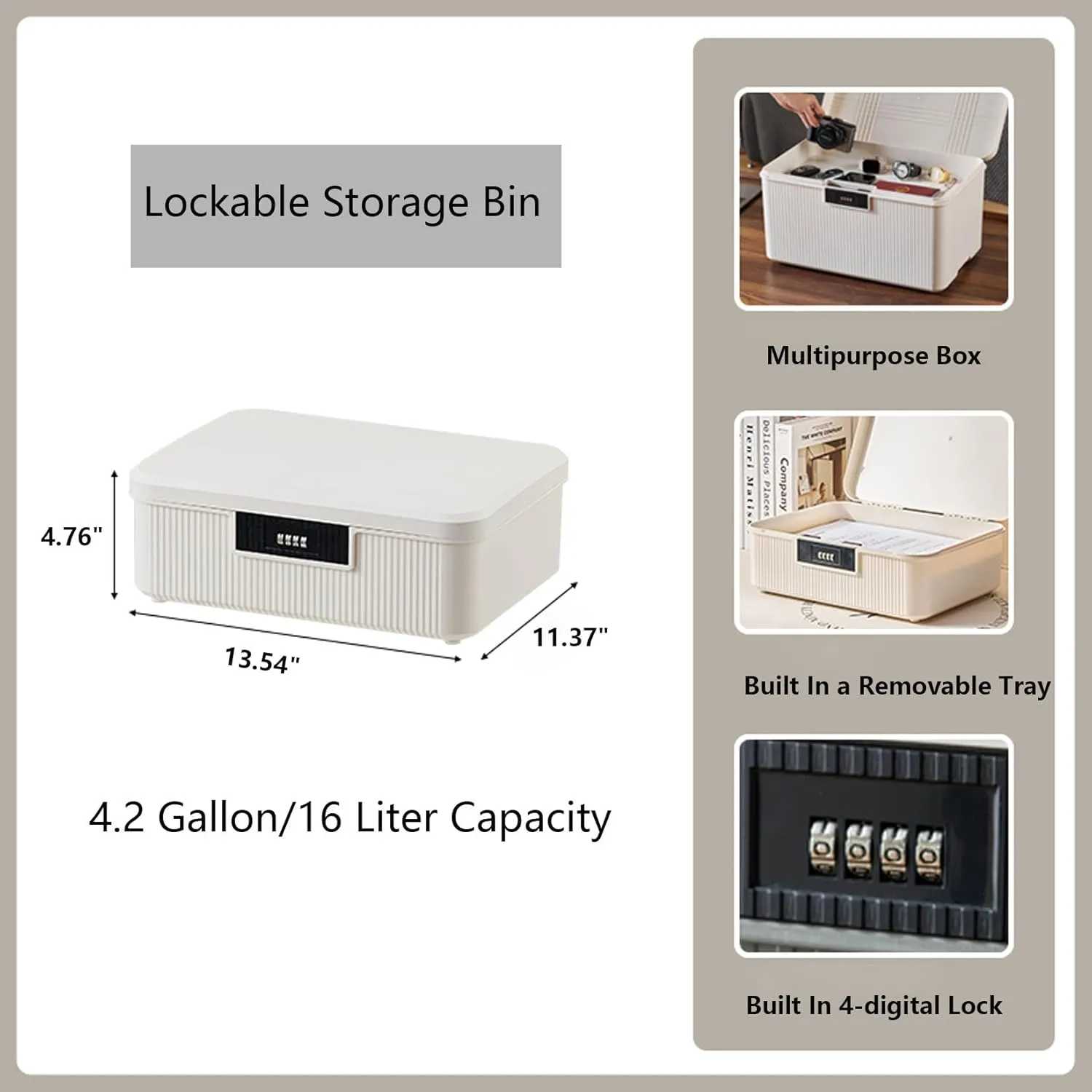 Lockable Storage Bin Outdoor Lock Box Plastic Storage Container Versatile Organizer with Changeable Lock for Home Office School Travel Business (White, 16 Liters)