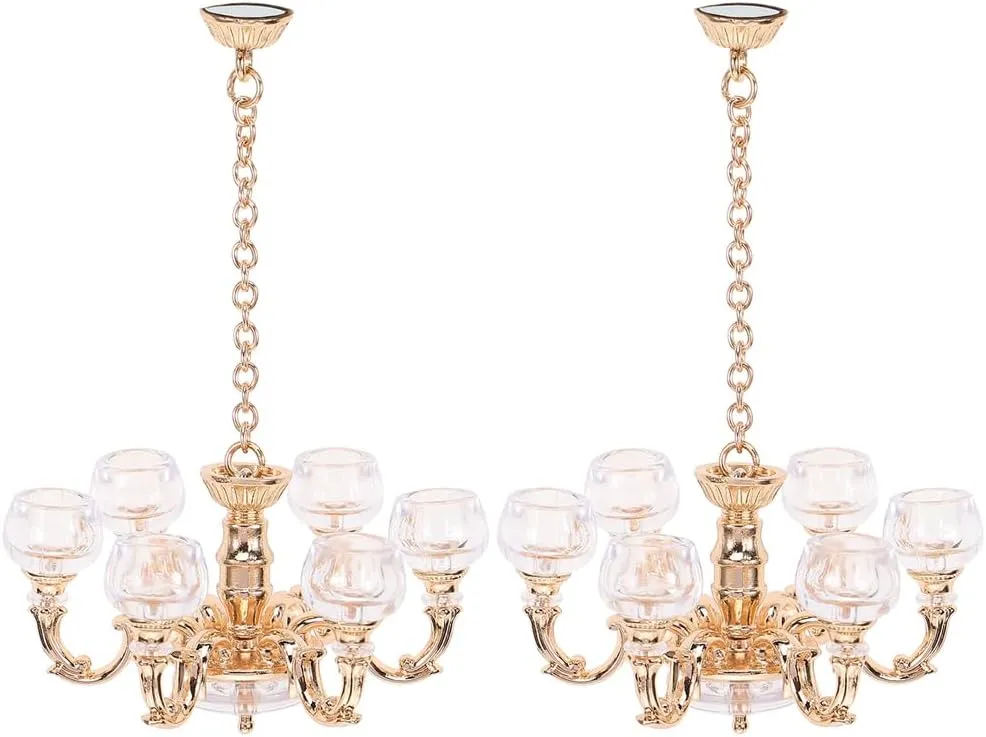 LOGOFUN 2pcs Doll House Miniature Hanging Lamp Mini Ceiling Light Model 1:12 Scale Ceiling Light Prop for Dollhouse Accessories - Gold