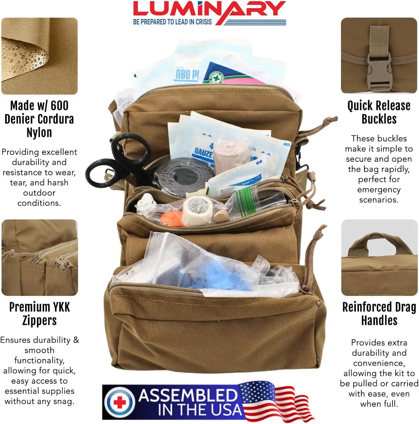 Luminary Family Medical Kit – Complete Emergency First Aid Solution for Home & Outdoor Adventures | Durable, Compact & Organized | for Families, Travelers, and Pets | HSA/FSA Eligible (Coyote Tan)