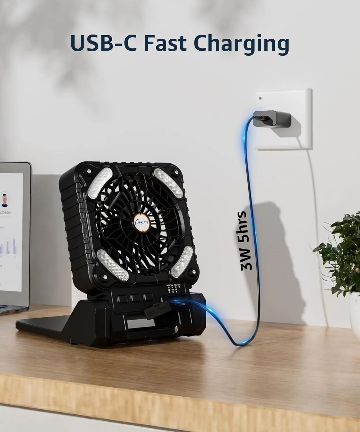 lynker Solar Powered Camping Fan with LED Light, Portable Rechargeable Battery Operated Fan, 4 Speeds, 35dB Ultra-Quiet, USB-C/Solar Charging, 8H Timer for Tent, Emergency, Outdoor Use (Black)