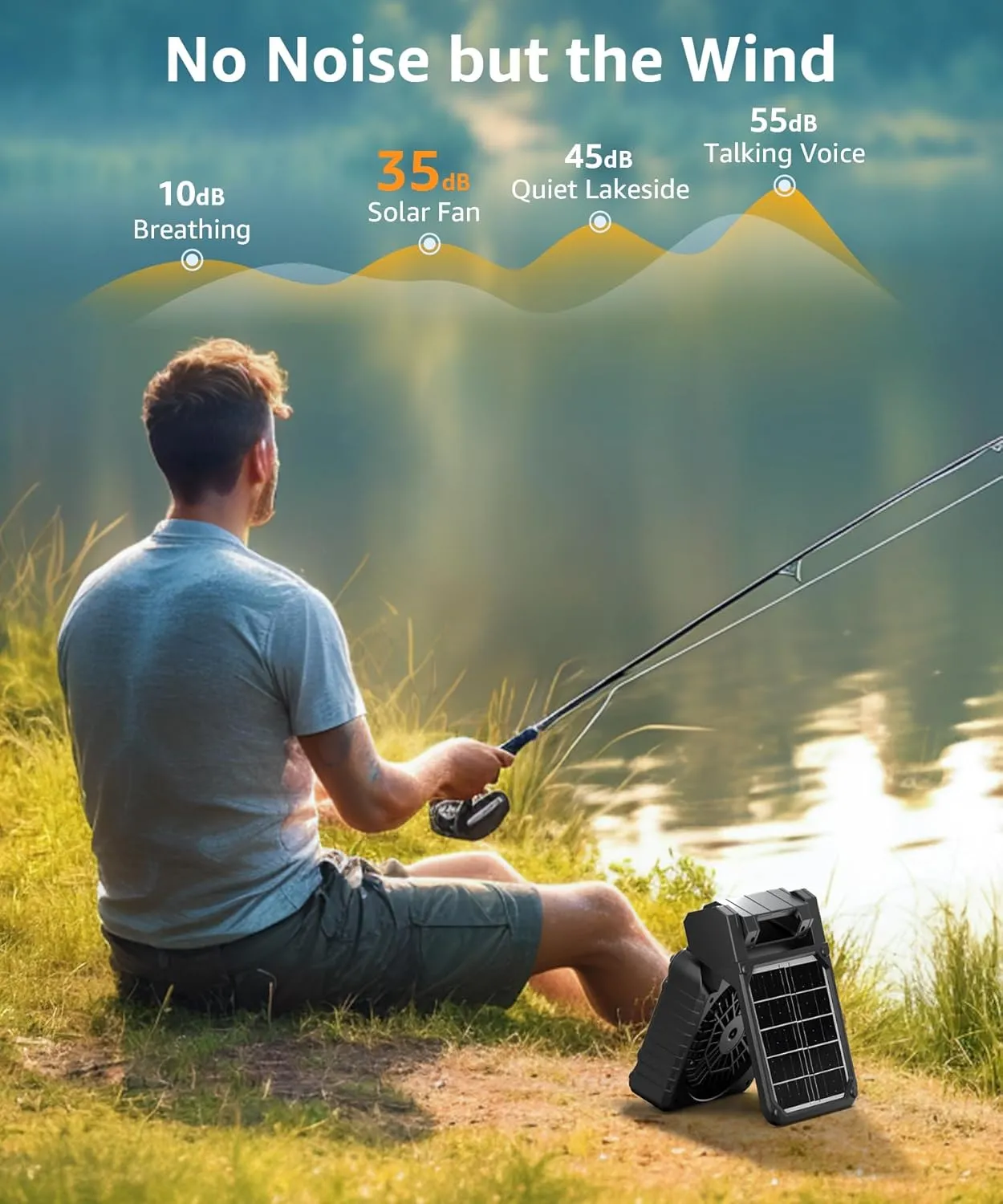 lynker Solar Powered Camping Fan with LED Light, Portable Rechargeable Battery Operated Fan, 4 Speeds, 35dB Ultra-Quiet, USB-C/Solar Charging, 8H Timer for Tent, Emergency, Outdoor Use (Black)