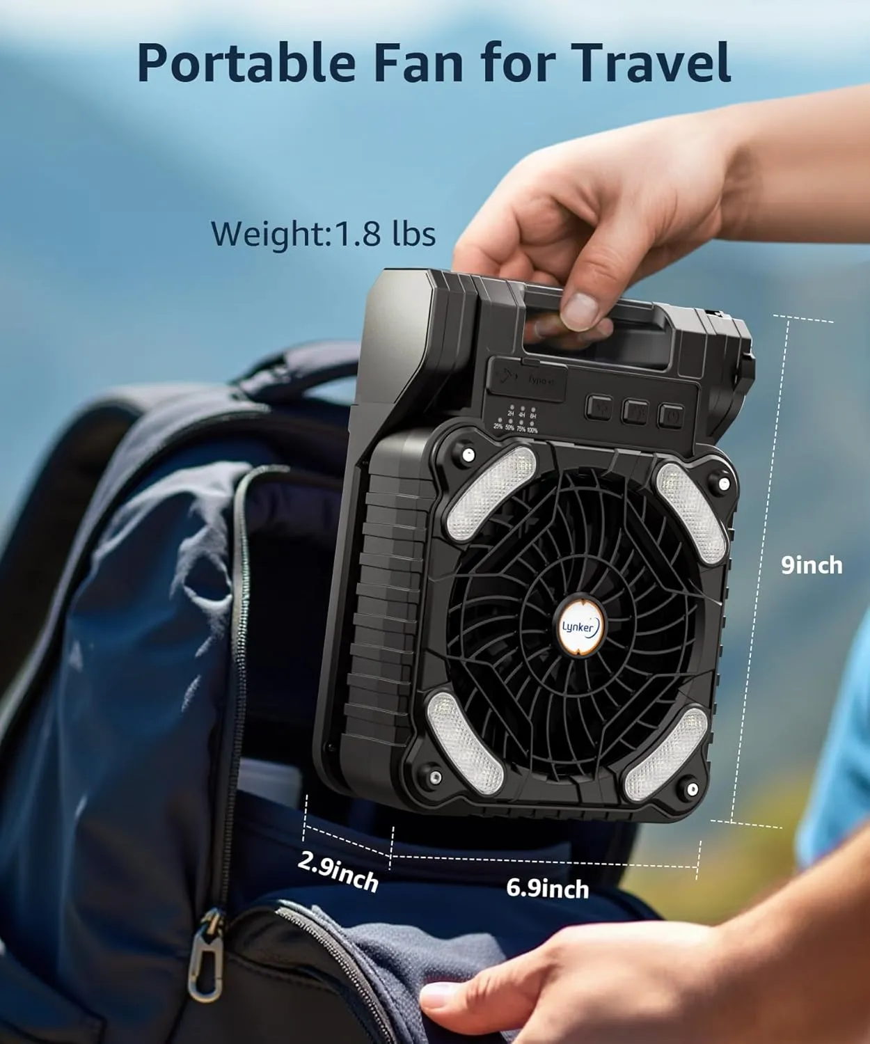 lynker Solar Powered Camping Fan with LED Light, Portable Rechargeable Battery Operated Fan, 4 Speeds, 35dB Ultra-Quiet, USB-C/Solar Charging, 8H Timer for Tent, Emergency, Outdoor Use (Black)
