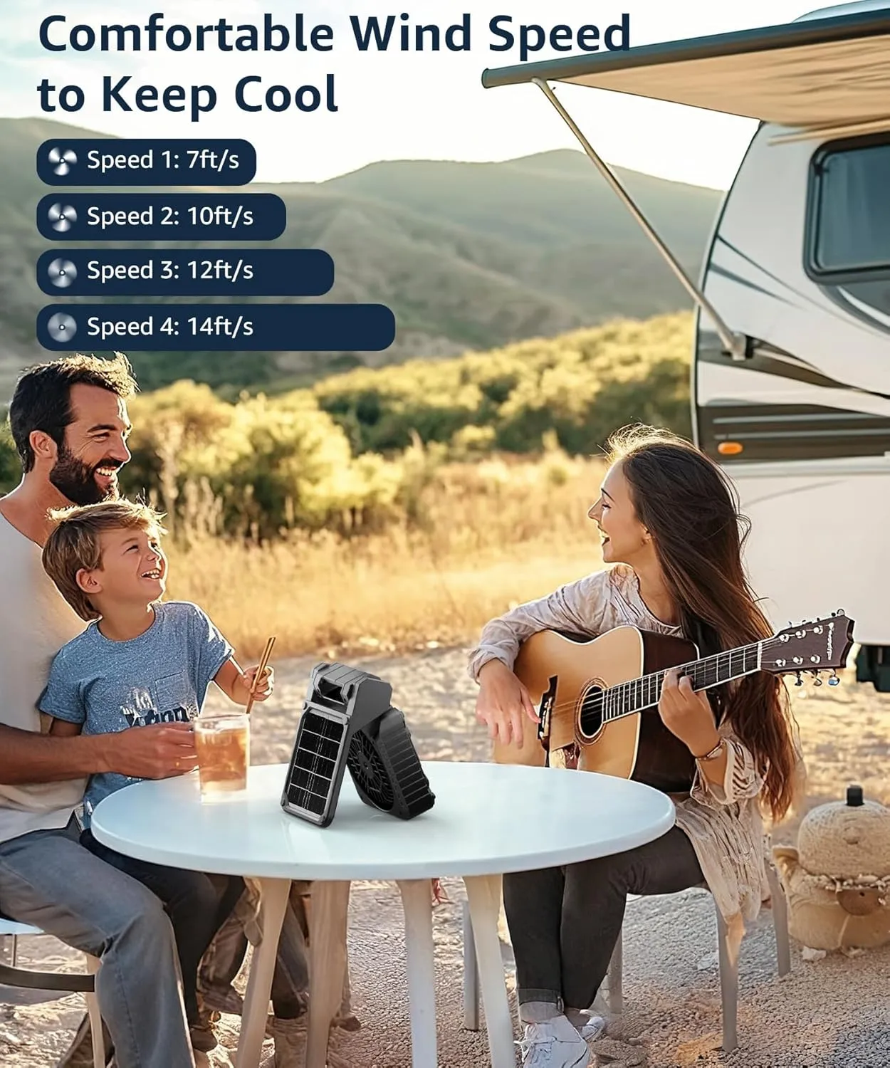 lynker Solar Powered Camping Fan with LED Light, Portable Rechargeable Battery Operated Fan, 4 Speeds, 35dB Ultra-Quiet, USB-C/Solar Charging, 8H Timer for Tent, Emergency, Outdoor Use (Black)