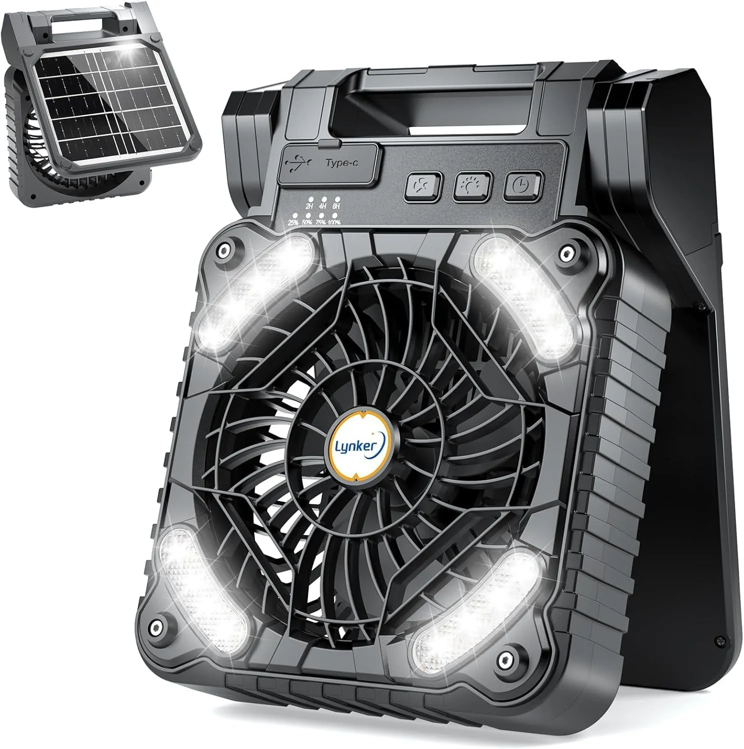 lynker Solar Powered Camping Fan with LED Light, Portable Rechargeable Battery Operated Fan, 4 Speeds, 35dB Ultra-Quiet, USB-C/Solar Charging, 8H Timer for Tent, Emergency, Outdoor Use (Black)