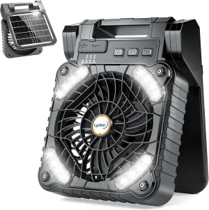 lynker Solar Powered Camping Fan with LED Light, Portable Rechargeable Battery Operated Fan, 4 Speeds, 35dB Ultra-Quiet, USB-C/Solar Charging, 8H Timer for Tent, Emergency, Outdoor Use (Black)