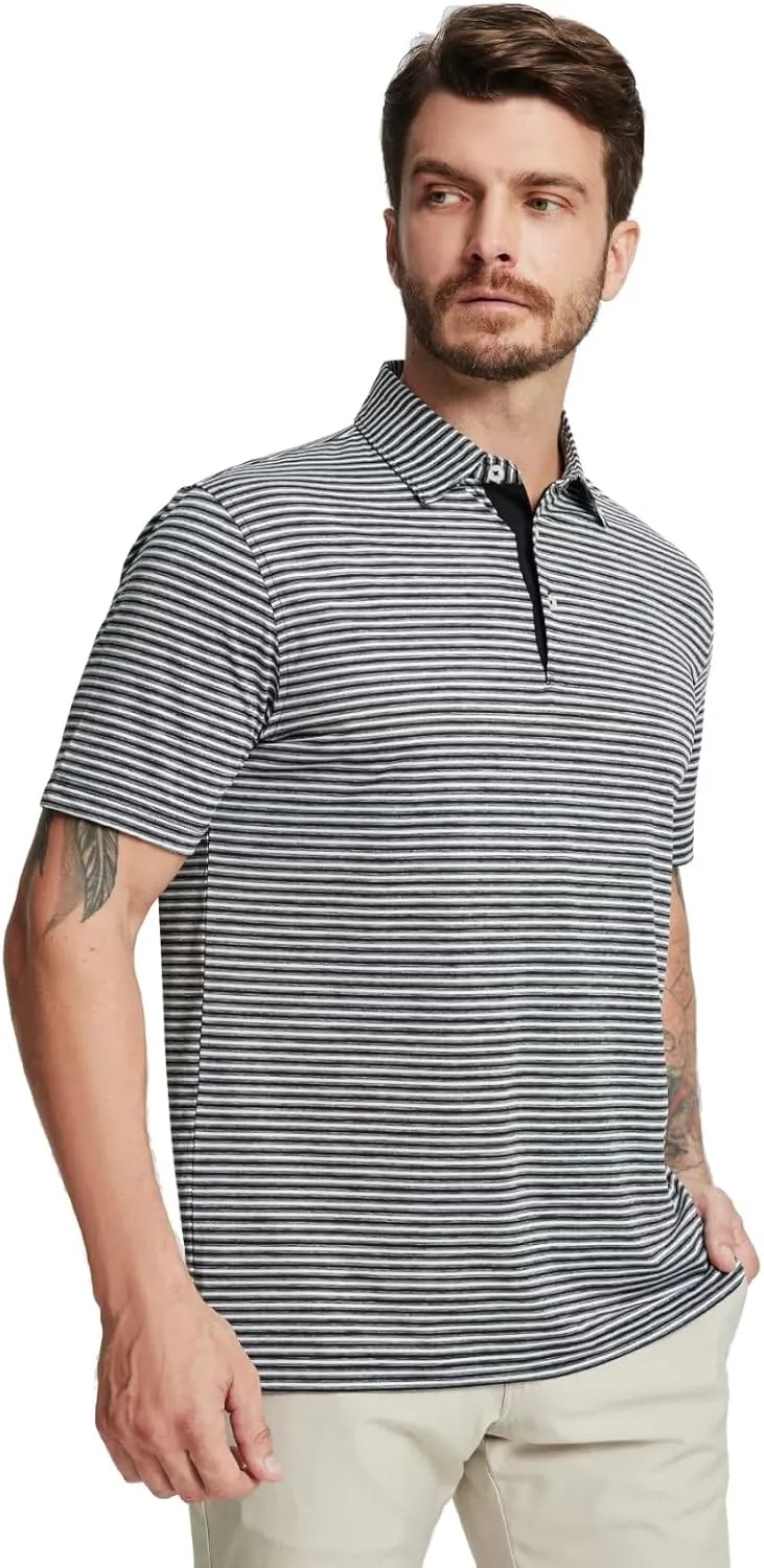 M MAELREG Golf Polo Shirts for Men Stripe Performance Moisture Wicking Dry Fit Collared Mens Polo Shirts Short Sleeve