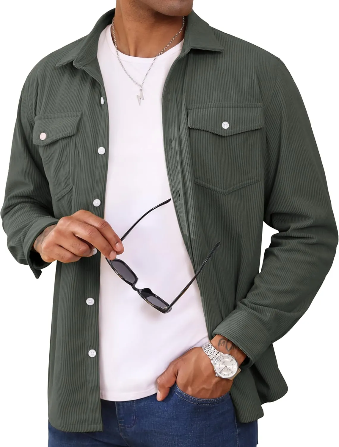 MAGCOMSEN Men's Corduroy Shirt Jacket Long Sleeve Lightweight Jacket Button-Up Casual Shacket with Flap Pockets