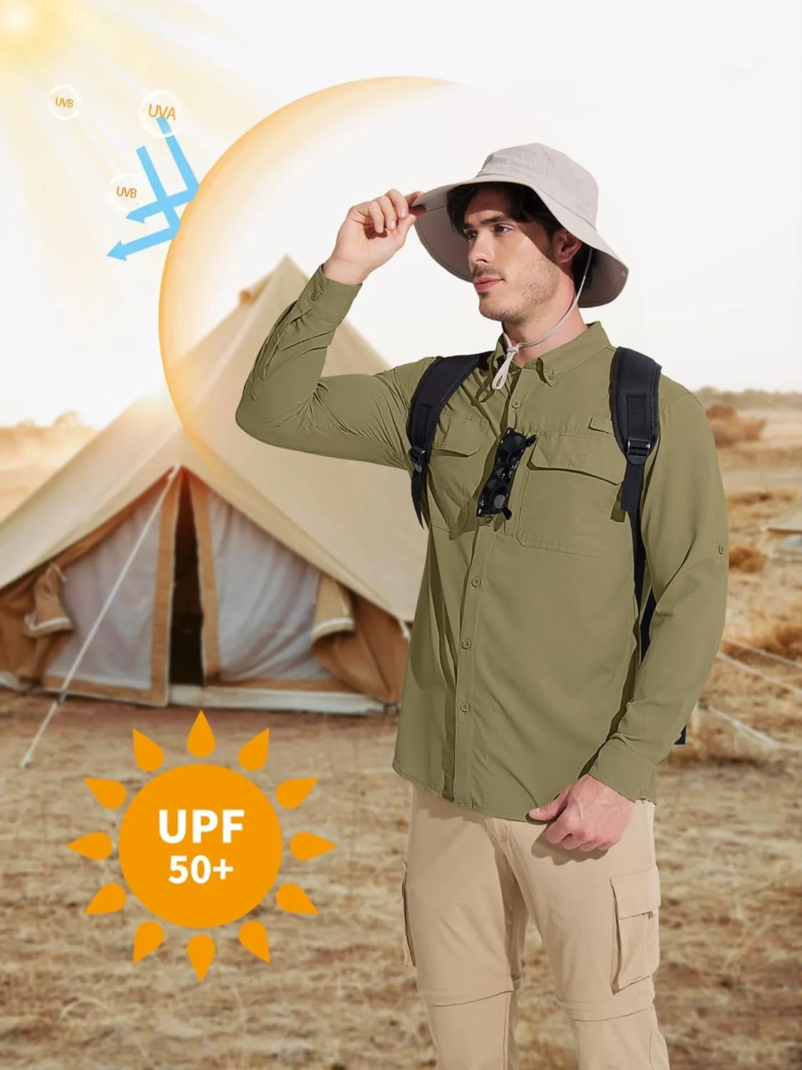 MAGCOMSEN Men's Sun Protection Fishing Shirts Long Sleeve UPF 50  Quick Dry Cooling Button Down Shirt for Hiking Safari