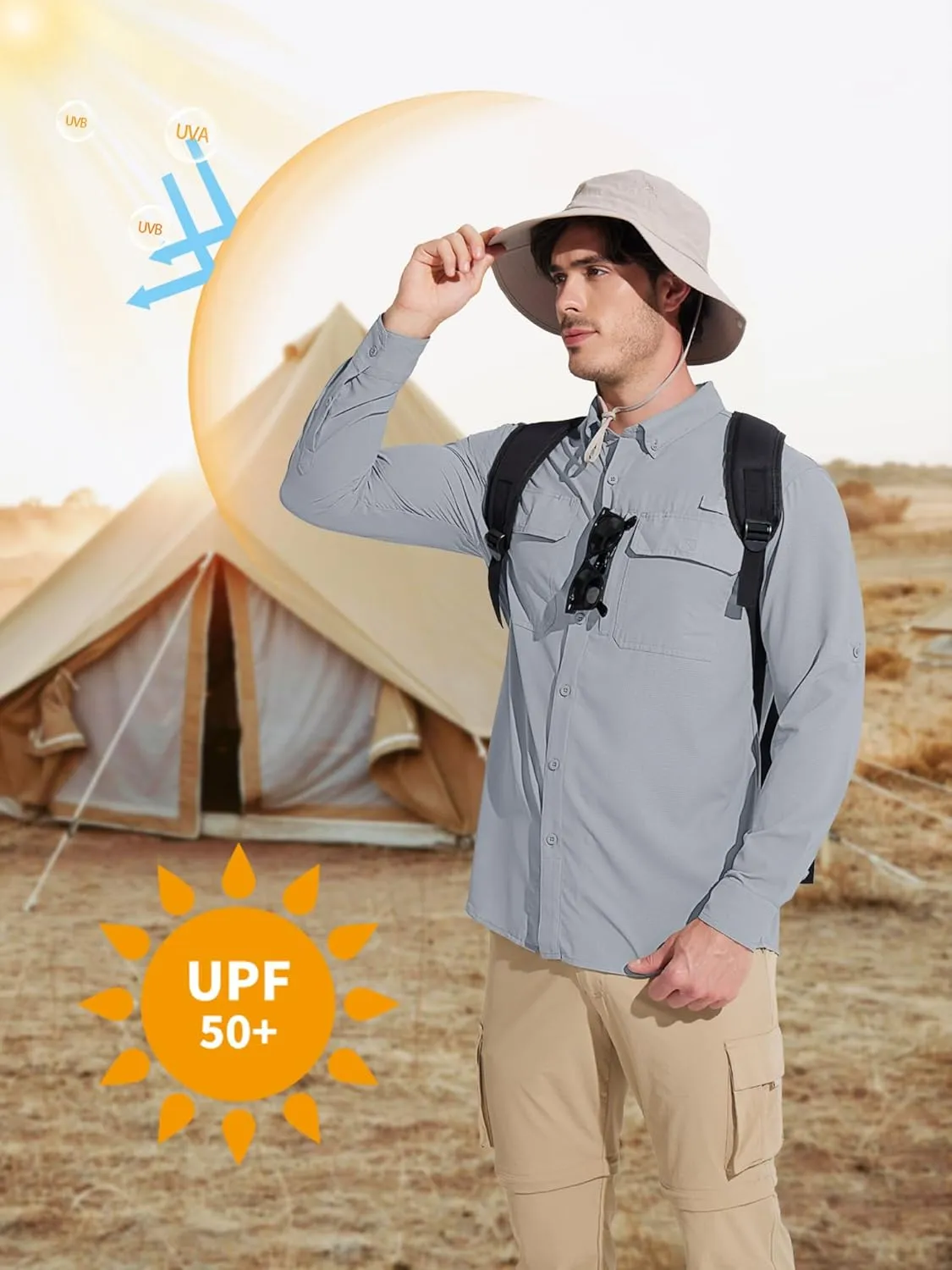 MAGCOMSEN Men's Sun Protection Fishing Shirts Long Sleeve UPF 50  Quick Dry Cooling Button Down Shirt for Hiking Safari