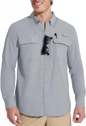 MAGCOMSEN Men's Sun Protection Fishing Shirts Long Sleeve UPF 50  Quick Dry Cooling Button Down Shirt for Hiking Safari