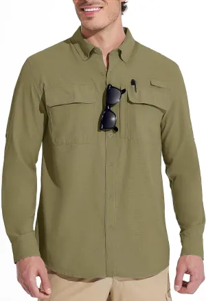 MAGCOMSEN Men's Sun Protection Fishing Shirts Long Sleeve UPF 50  Quick Dry Cooling Button Down Shirt for Hiking Safari