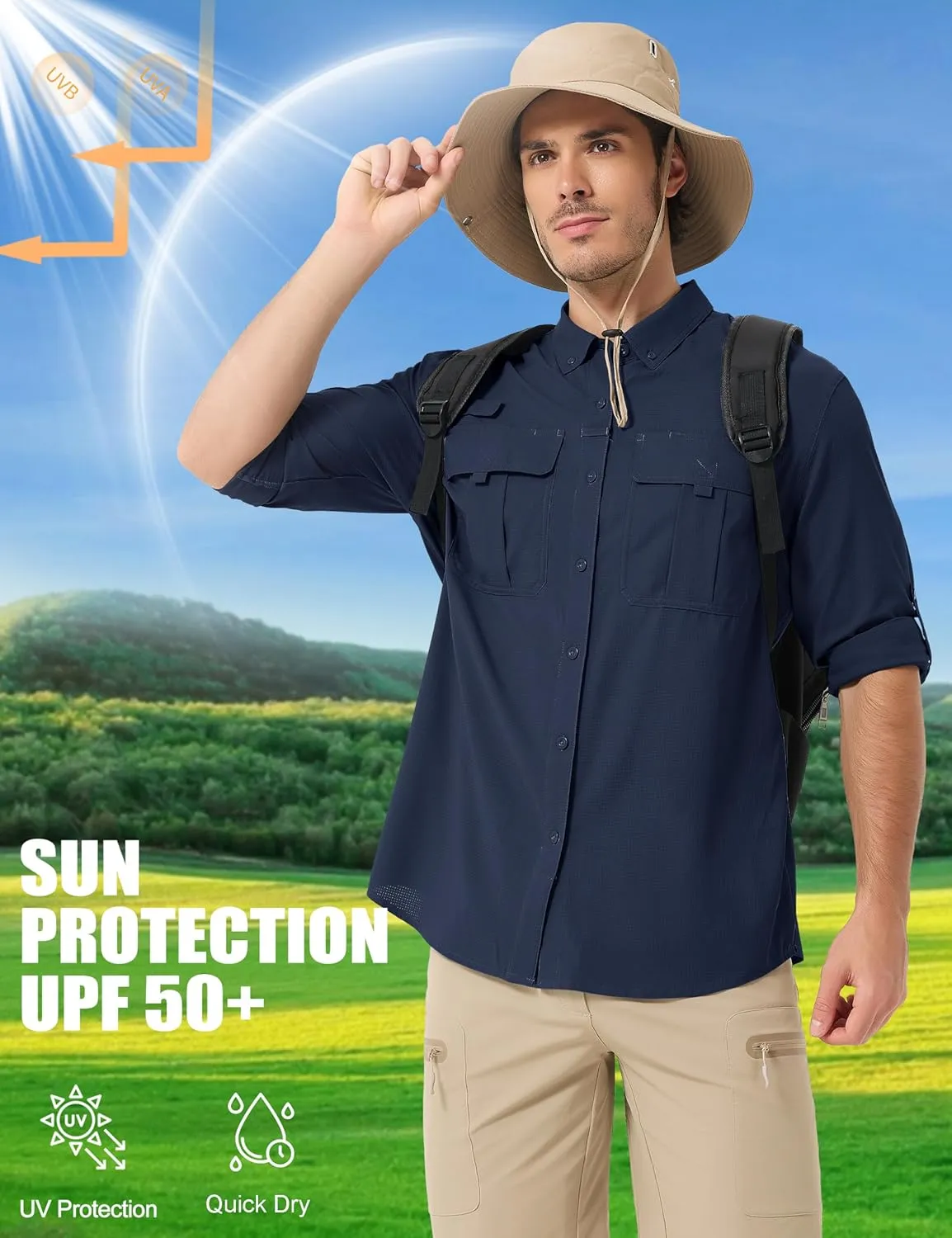 MAGCOMSEN Men's Sun Protection Fishing Shirts UPF 50  UV Quick Dry Long Sleeve Button Down Shirts Safari Hiking Travel