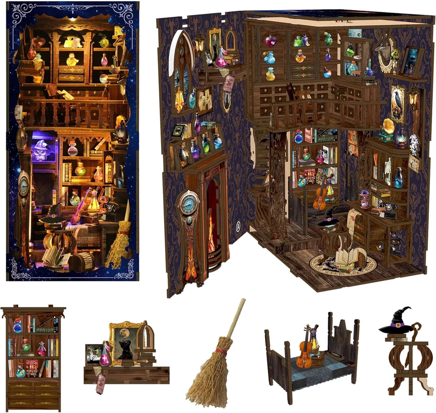Magic Potion House DIY Book Nook Kit – 3D Wooden Bookend with LED Lights, Miniature Bookshelf Insert Decor, Creative Puzzle for Teens Adults, Magical Apothecary Craft Gift