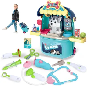 MAGIC4U Pet Cat Care Carrier Suitcase Toy, 29PCS Doctor Vet Kit for Kids, Pet Dog Grooming Feeding Toys, Veterinarian Pretend Play Set, Gifts for Boys and Girls Ages 3-12