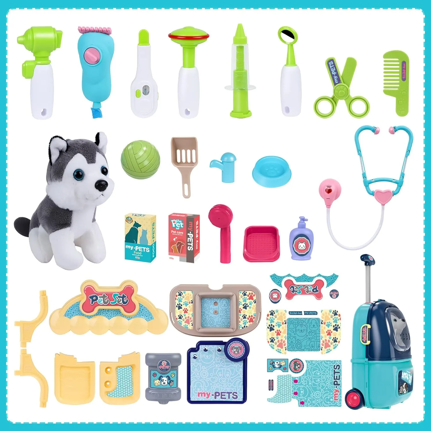 MAGIC4U Pet Cat Care Carrier Suitcase Toy, 29PCS Doctor Vet Kit for Kids, Pet Dog Grooming Feeding Toys, Veterinarian Pretend Play Set, Gifts for Boys and Girls Ages 3-12