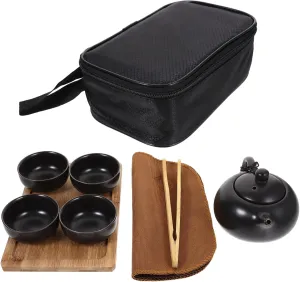 MAGICLULU 1Set Portable Travel Kung Fu Tea Set Ceramic Teapot with Teacups Wooden Tea Tray and Protective Travel Bag for Outdoor Use and Gifting