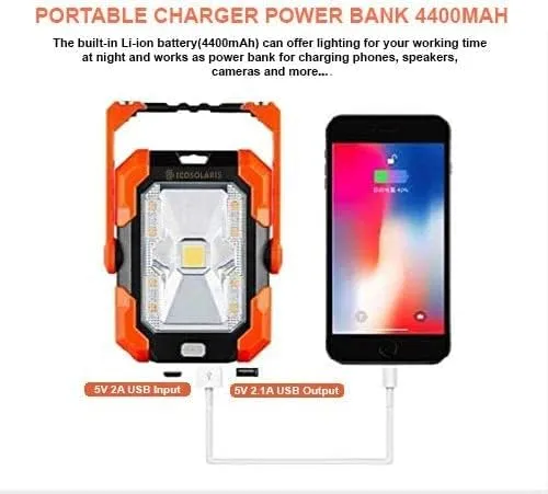 Magnetic 6W 350 lumens with 4400 mAh Rechargeable Lithium Battery Power Bank and Solar Panel Portable Weatherproof Outdoor IP64 LED Work Light and Flashlight lamp for Camping by Ecosolaris
