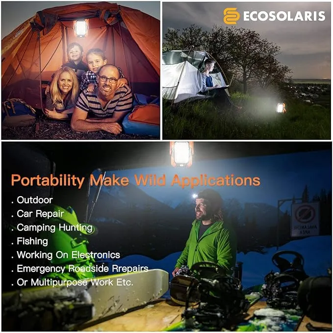 Magnetic 6W 350 lumens with 4400 mAh Rechargeable Lithium Battery Power Bank and Solar Panel Portable Weatherproof Outdoor IP64 LED Work Light and Flashlight lamp for Camping by Ecosolaris