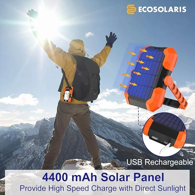 Magnetic 6W 350 lumens with 4400 mAh Rechargeable Lithium Battery Power Bank and Solar Panel Portable Weatherproof Outdoor IP64 LED Work Light and Flashlight lamp for Camping by Ecosolaris