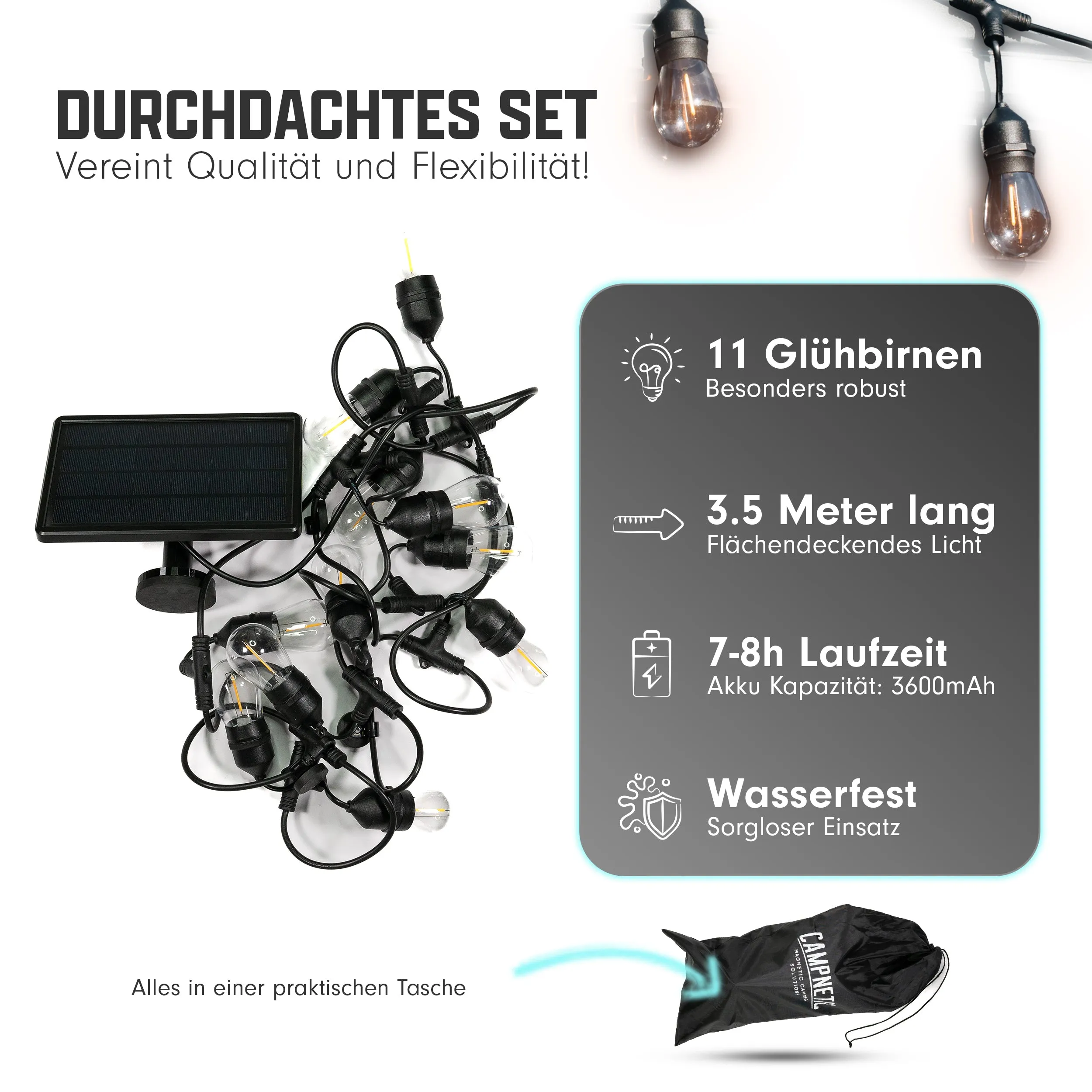 Magnetische Camping Lichterkette mit Solarpanel