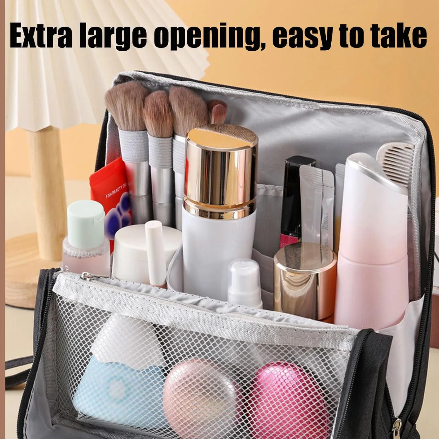 Makeup Bag, Standing Makeup Bag – Portable, Large Capacity Waterproof Makeup Organizer with Compartments Travel Home Use (Red)