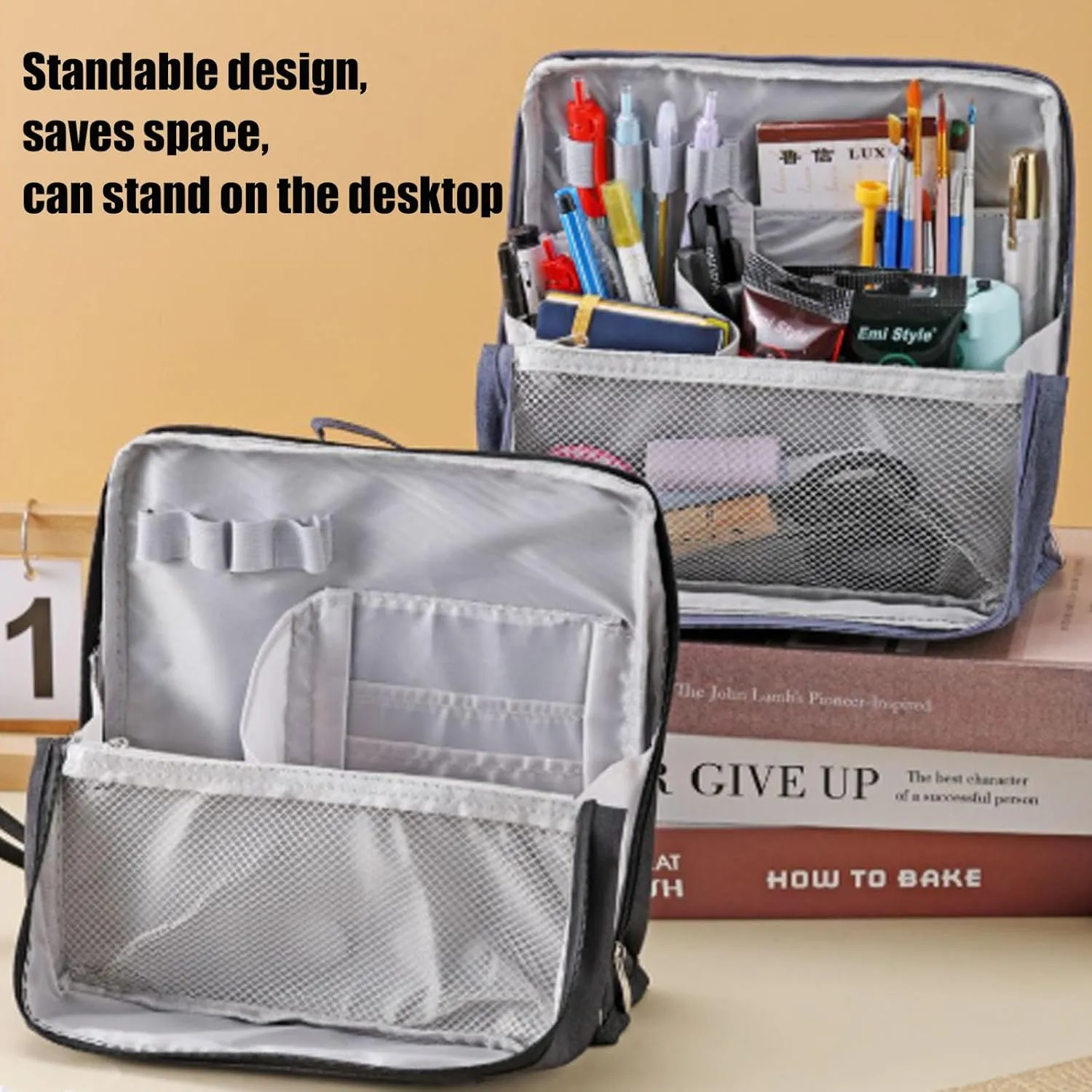 Makeup Bag, Standing Makeup Bag – Portable, Large Capacity Waterproof Makeup Organizer with Compartments Travel Home Use (Red)