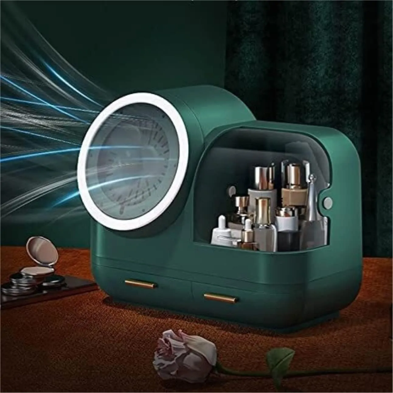 Makeup Organizer Vanity Plastic Cosmetic Storage Box with Fan LED Makeup Mirror Dressing Table Bathroom Desktop Shelf Make Organizers Vanity(Green)