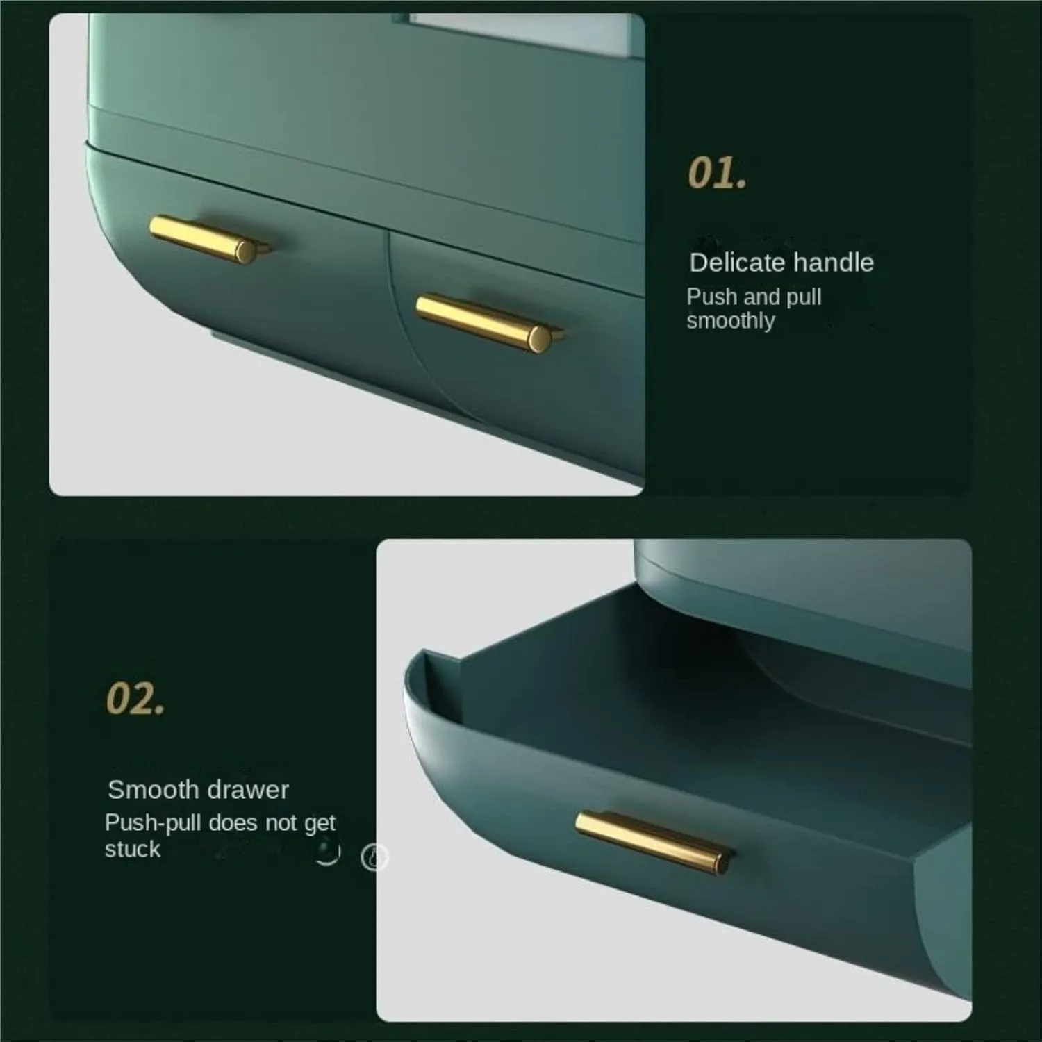 Makeup Organizer Vanity Plastic Cosmetic Storage Box with Fan LED Makeup Mirror Dressing Table Bathroom Desktop Shelf Make Organizers Vanity(Green)