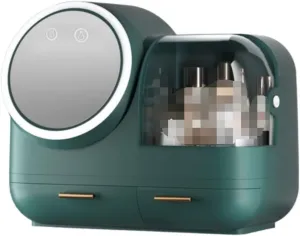 Makeup Organizer Vanity Plastic Cosmetic Storage Box with Fan LED Makeup Mirror Dressing Table Bathroom Desktop Shelf Make Organizers Vanity(Green)