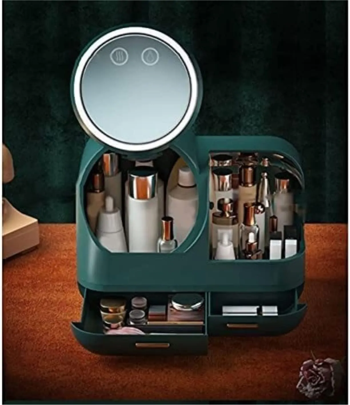 Makeup Organizer Vanity Plastic Cosmetic Storage Box with Fan LED Makeup Mirror Dressing Table Bathroom Desktop Shelf Make Organizers Vanity(Green)