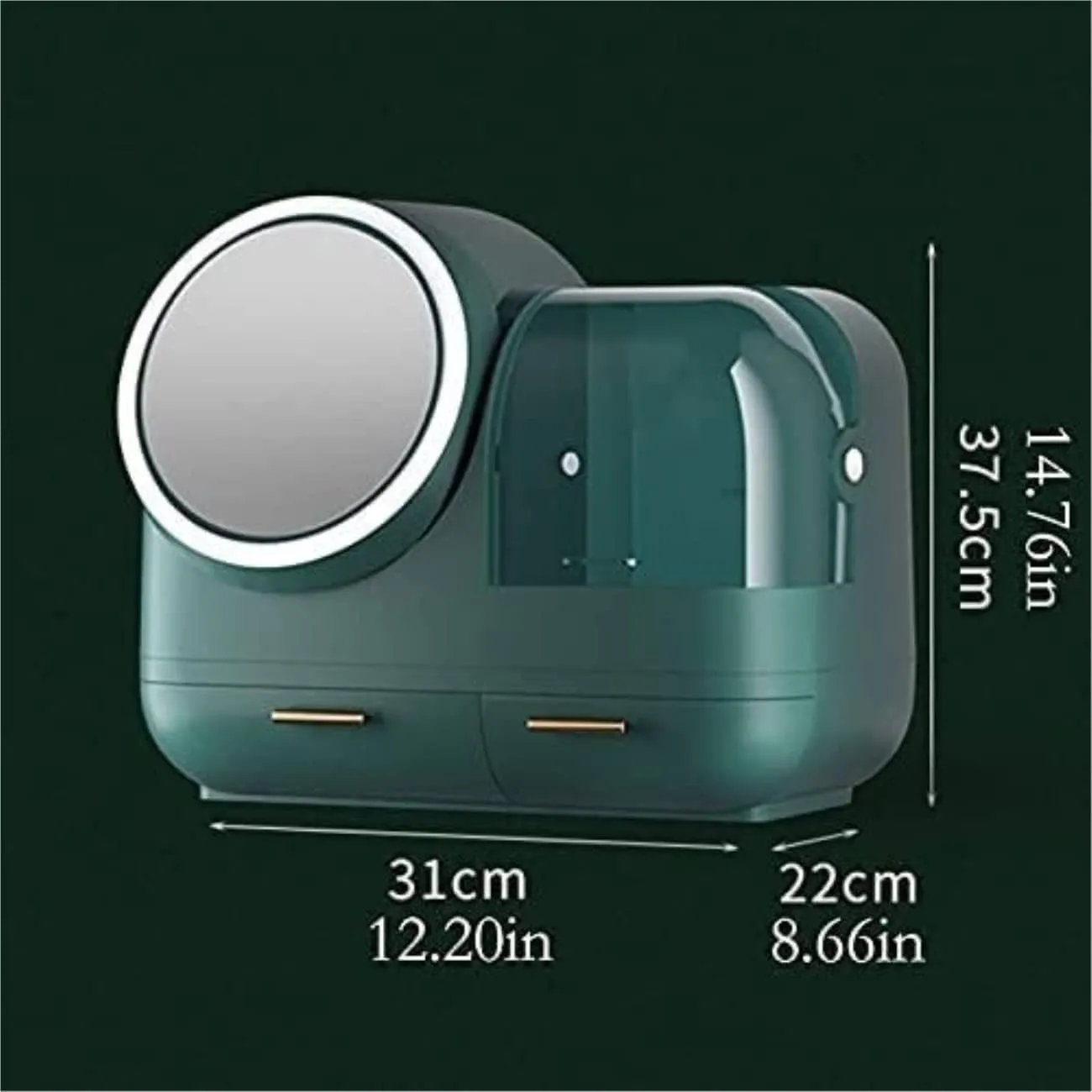 Makeup Organizer Vanity Plastic Cosmetic Storage Box with Fan LED Makeup Mirror Dressing Table Bathroom Desktop Shelf Make Organizers Vanity(Green)
