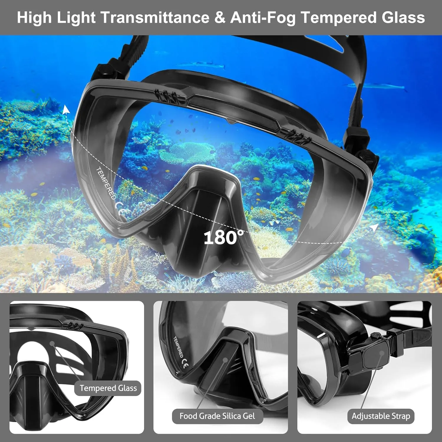 Mask Fins Snorkel Set, Snorkeling Gear for Adults, Panoramic View Diving Mask Anti-Fog, Anti-Leak, Dry Top Snorkel and Dive Flippers with Travel Bag for Snorkeling Swimming
