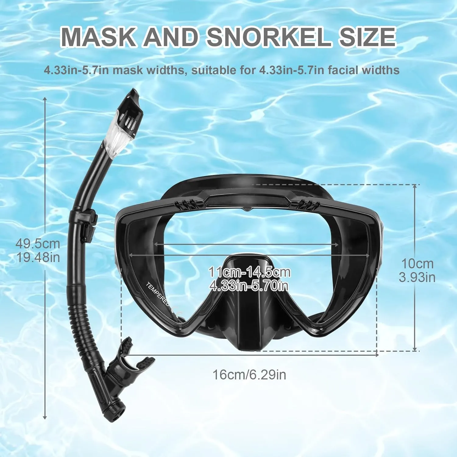 Mask Fins Snorkel Set, Snorkeling Gear for Adults, Panoramic View Diving Mask Anti-Fog, Anti-Leak, Dry Top Snorkel and Dive Flippers with Travel Bag for Snorkeling Swimming