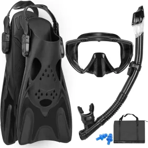 Mask Fins Snorkel Set, Snorkeling Gear for Adults, Panoramic View Diving Mask Anti-Fog, Anti-Leak, Dry Top Snorkel and Dive Flippers with Travel Bag for Snorkeling Swimming